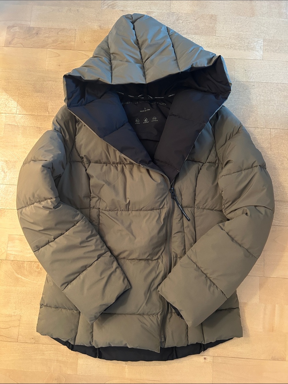 French Connection Women's Hooded Puffer Jacket in Olive Green